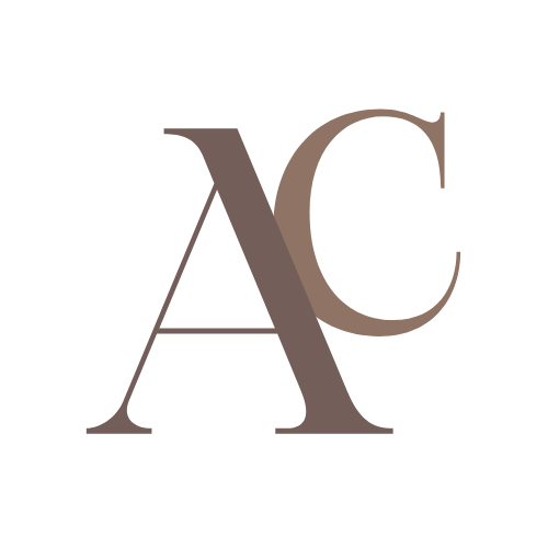 Stylized initials 'AC' in brown on a white background
